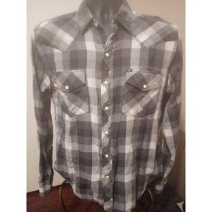 Salt Valley Western Shirt Medium M Gray Button Up Pearl Snap Plaid Pockets Mens